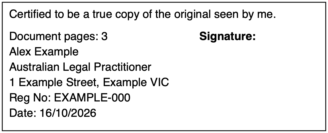 Actual generated unsigned stamp with fictional Alex Example details and a blank signature area
